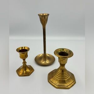 3 Vintage Mcm Brass Unique Brass Candlestick Holders